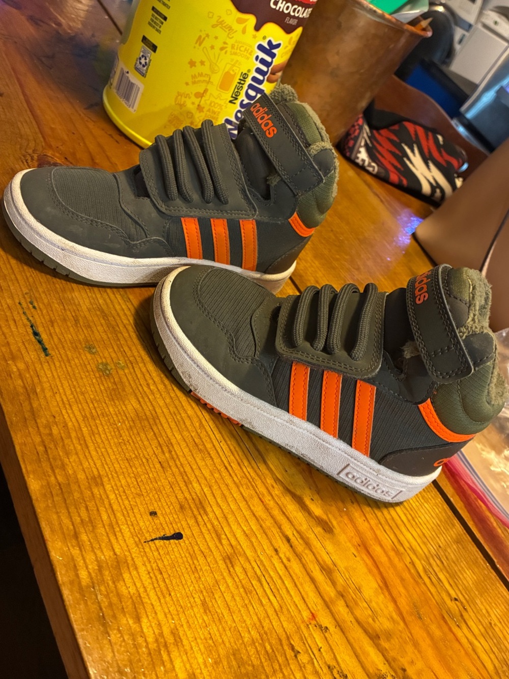 adidas Kids High-Top Sneakers - Olive with Orange Stripes